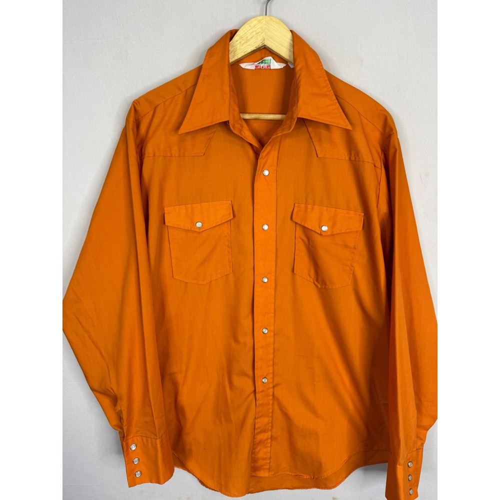 Vintage Summit Mens L 70s Orange Western Pearl Snap Shirt Long Sleeve